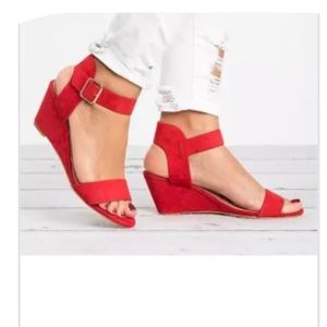 Women’s Red Wedge Sandals Dark Pink 3” Heel (Genuine Leather)